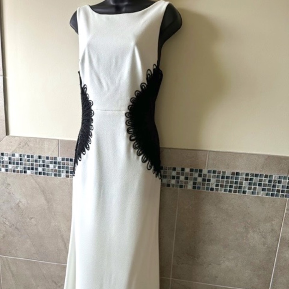 Formal dress- white crepe dress with black lace inserts